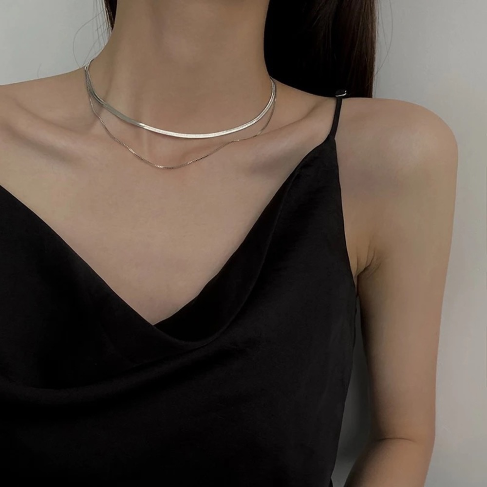 Sterling Silver Layered Snake Herringbone Necklace - Picture 4 of 6